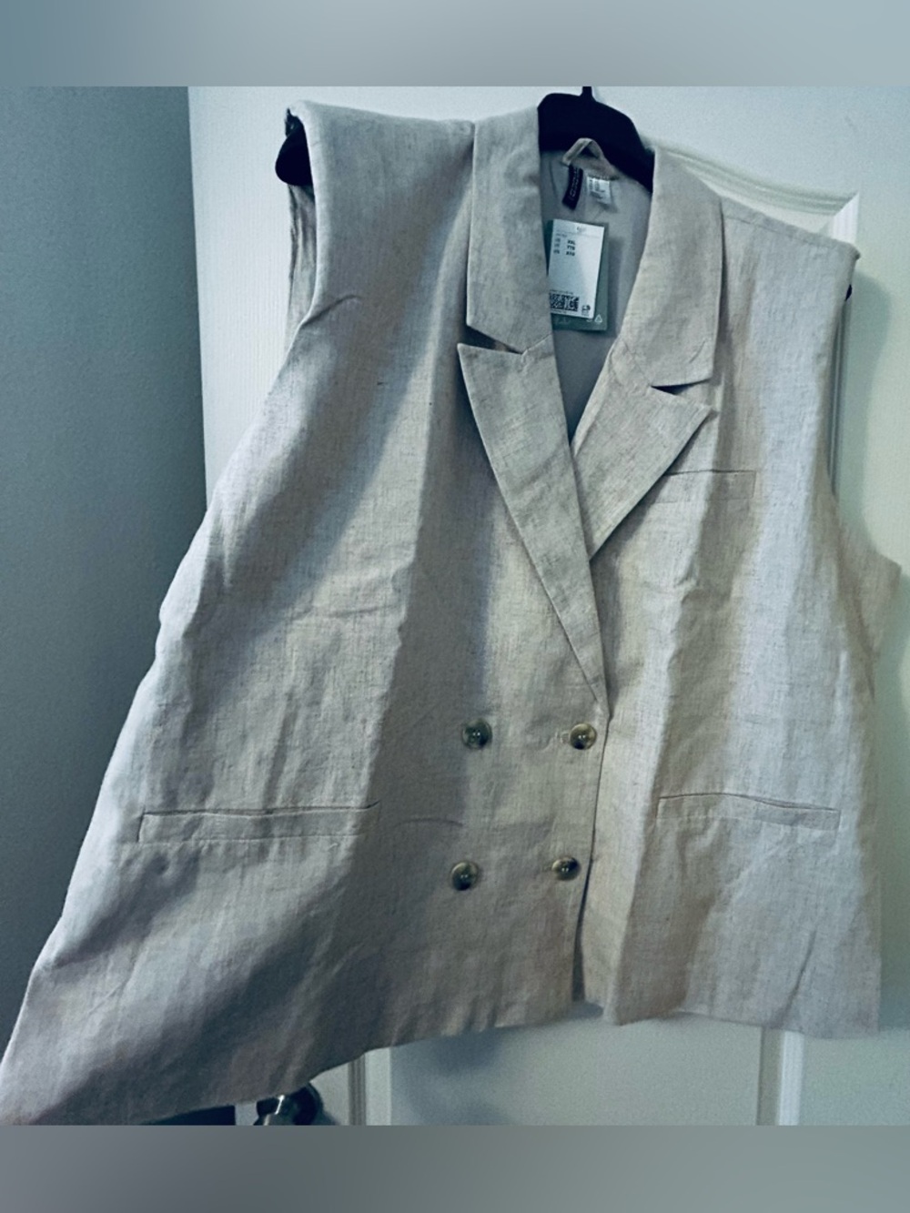 H&M Linen Blend Lined Beige & Cream Double-Breasted Sleeveless Blazer - NEW
